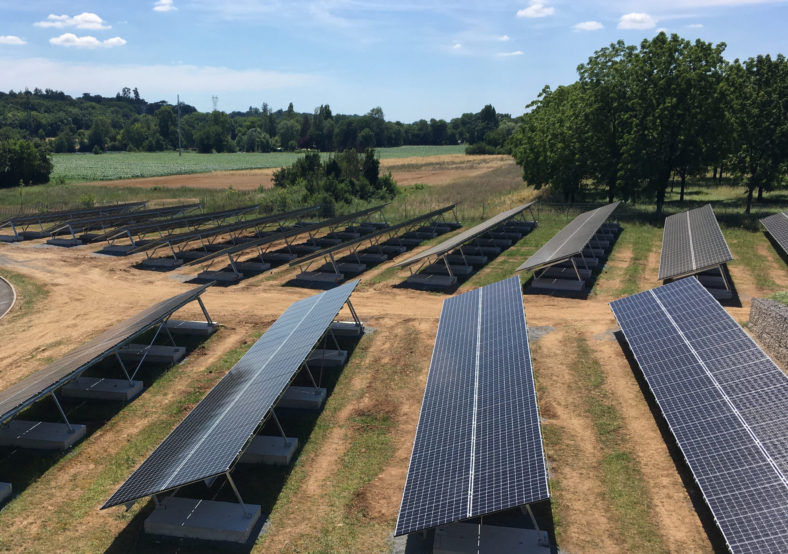 Parc solaire composé de panneaux photovoltaïques alignés sur un terrain dégagé avec vue sur des champs et une forêt en