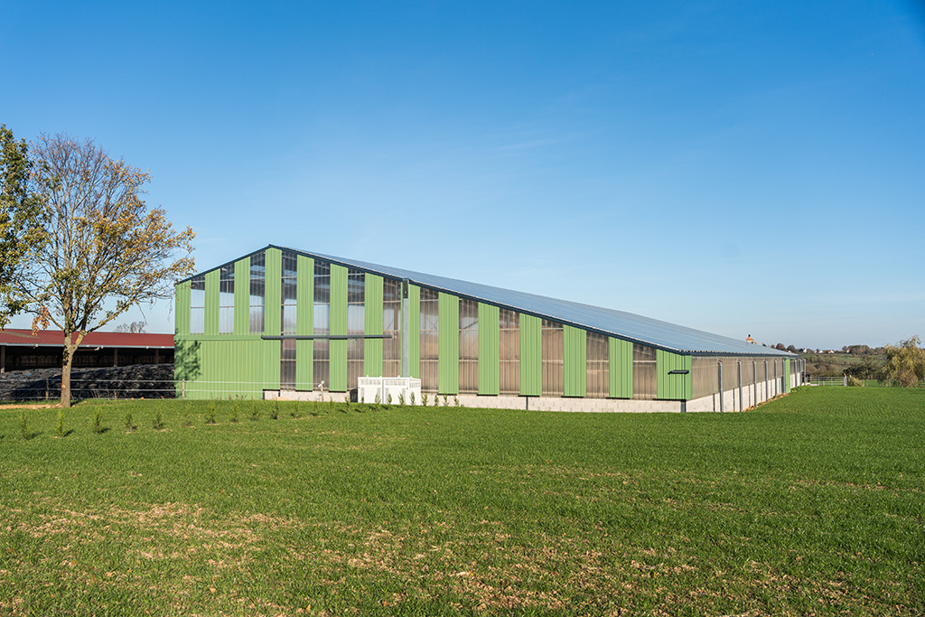 Bâtiment moderne en forme de hangar avec façade verte et grandes fenêtres sur un terrain enherbé sous ciel dégagé