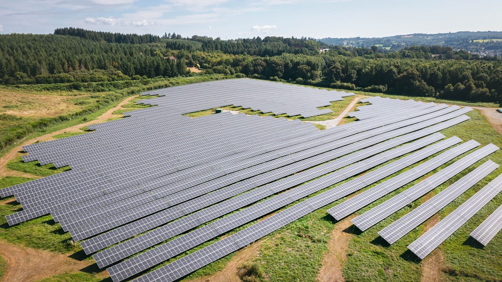 Parc solaire installé dans un paysage verdoyant avec des panneaux photovoltaïques alignés sur terrain plat entouré de for