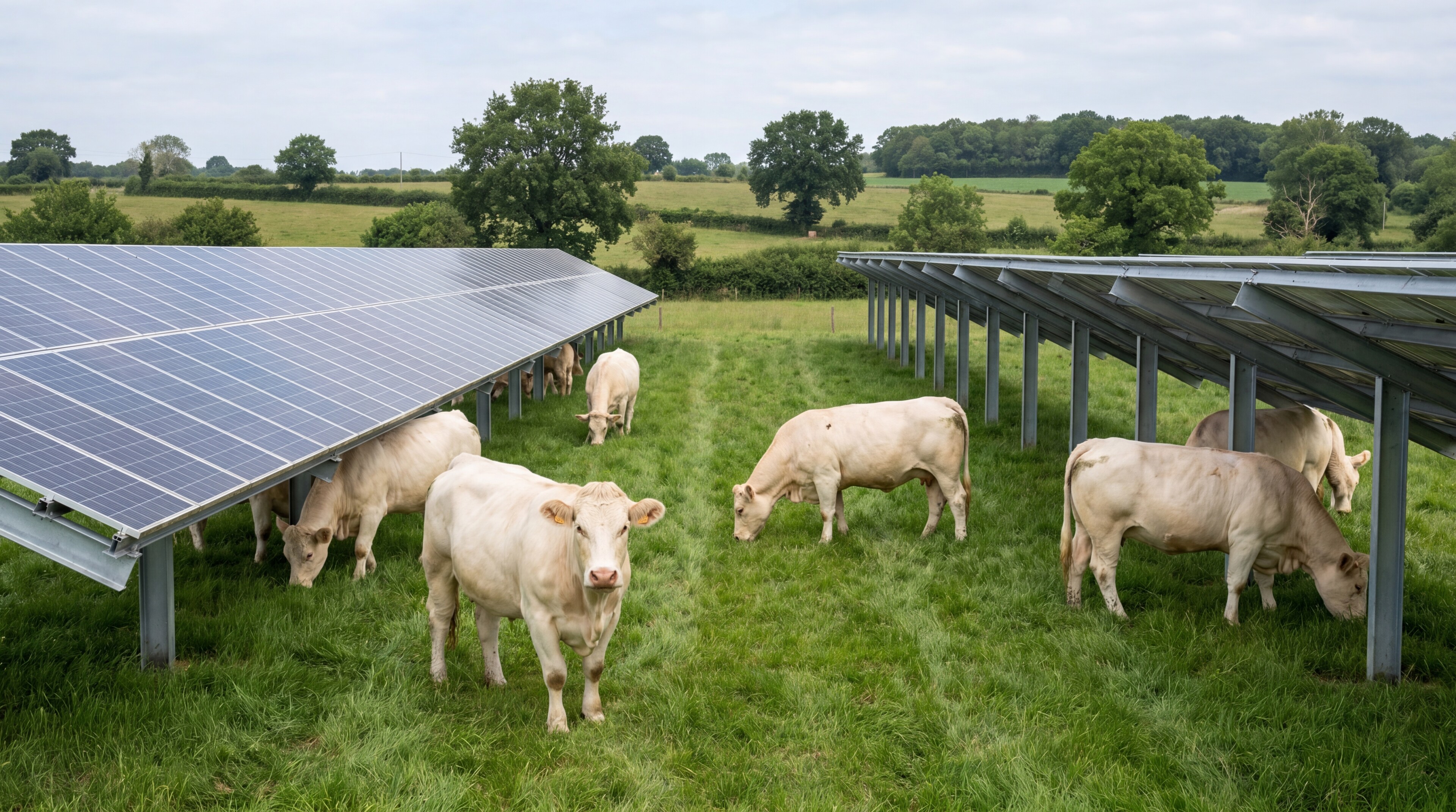 Vaches pâturant sous des ombrières solaires en plein champ vert, illustrant une approche innovante d’agrivoltaïsme pour