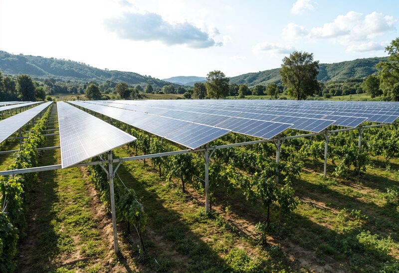 Parc solaire intégré à une culture agricole avec des panneaux photovoltaïques alignés sur des rangées de jeunes arbres