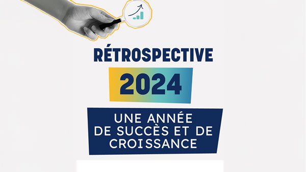 Description d'une rétrospective 2024 montrant une année de succès et de croissance avec une main pointant vers un graphiqu