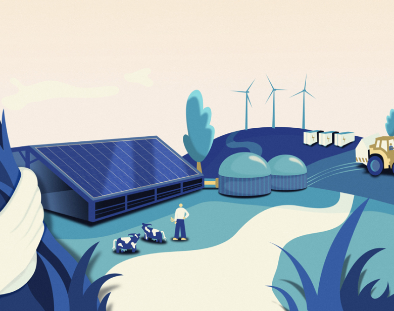 Parc renouvelable combinant panneaux solaires, éoliennes, stockage d'énergie et ferme biogaz avec paysage rural et travaill