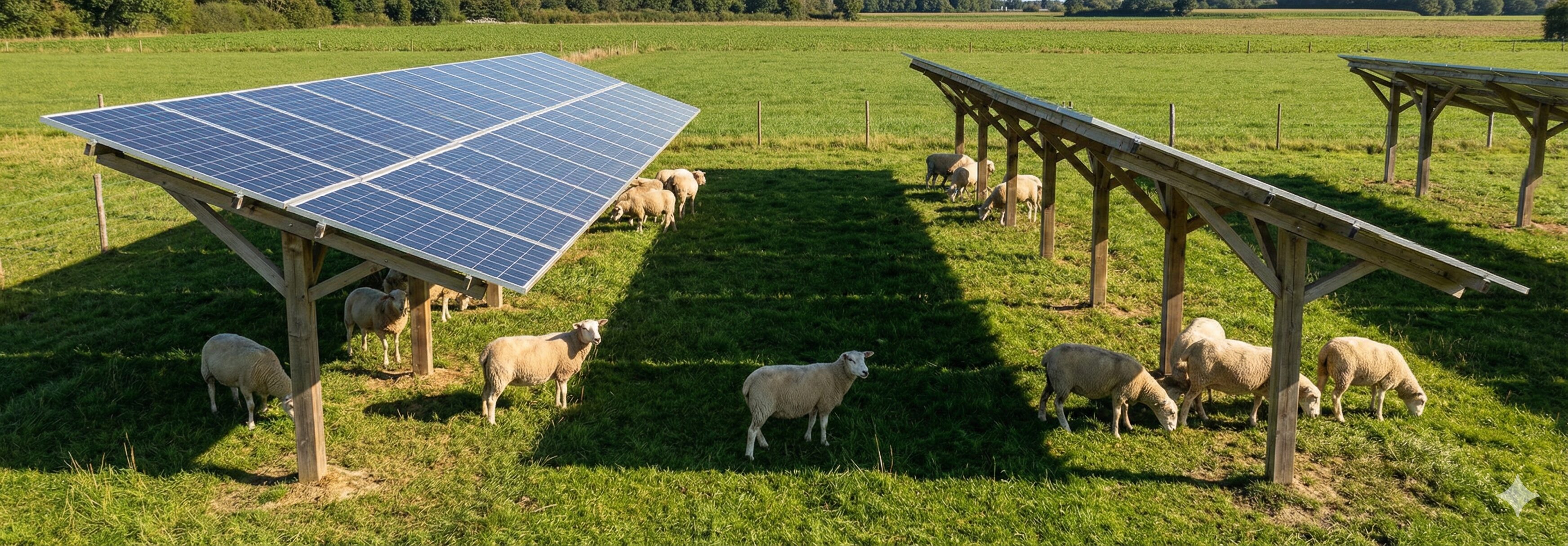 Élevage de moutons sous structures solaires en plein champ vert