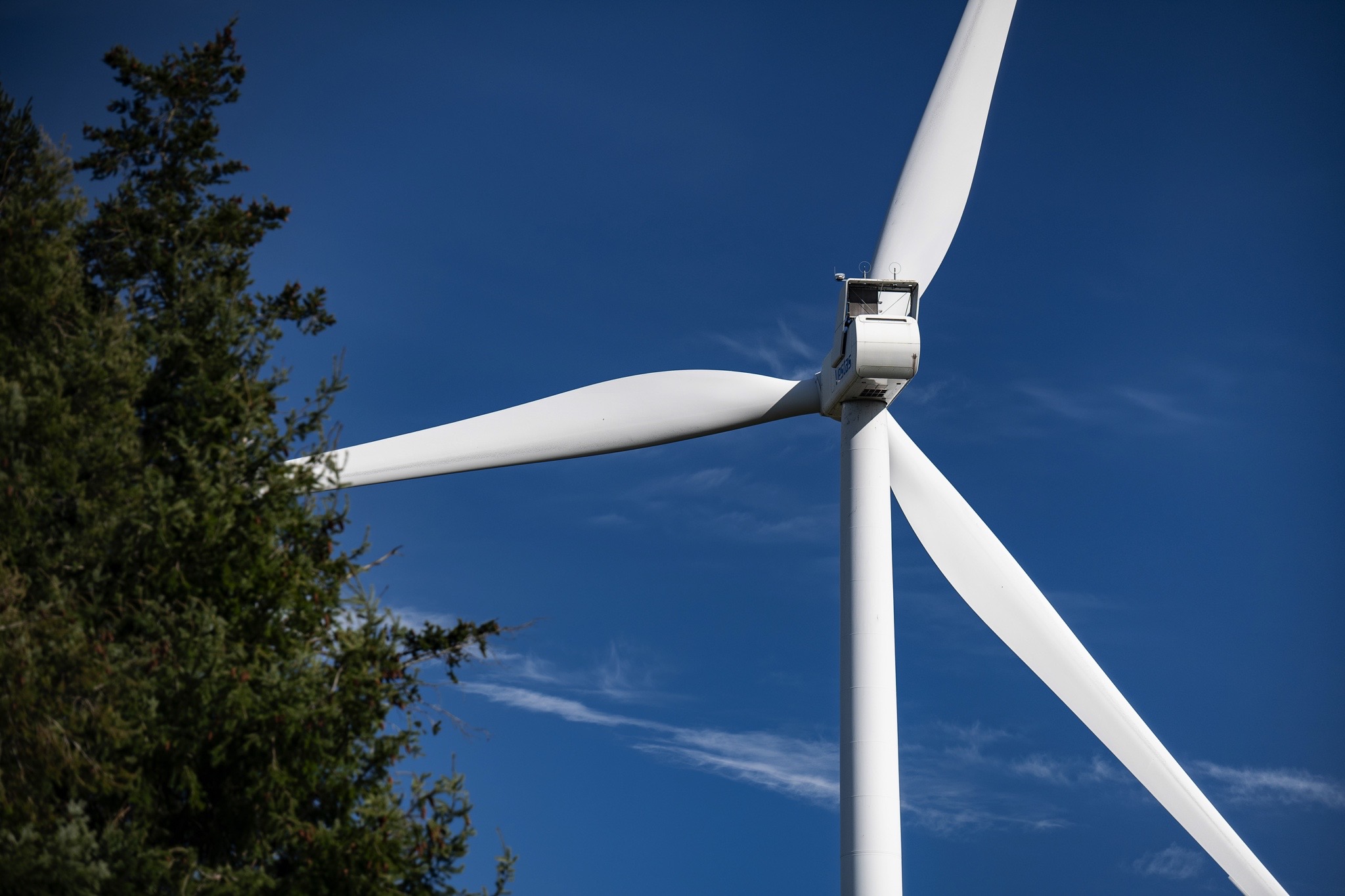 Éolienne avec trois pales blanches sur fond de ciel bleu et arbres verts en arrière-plan