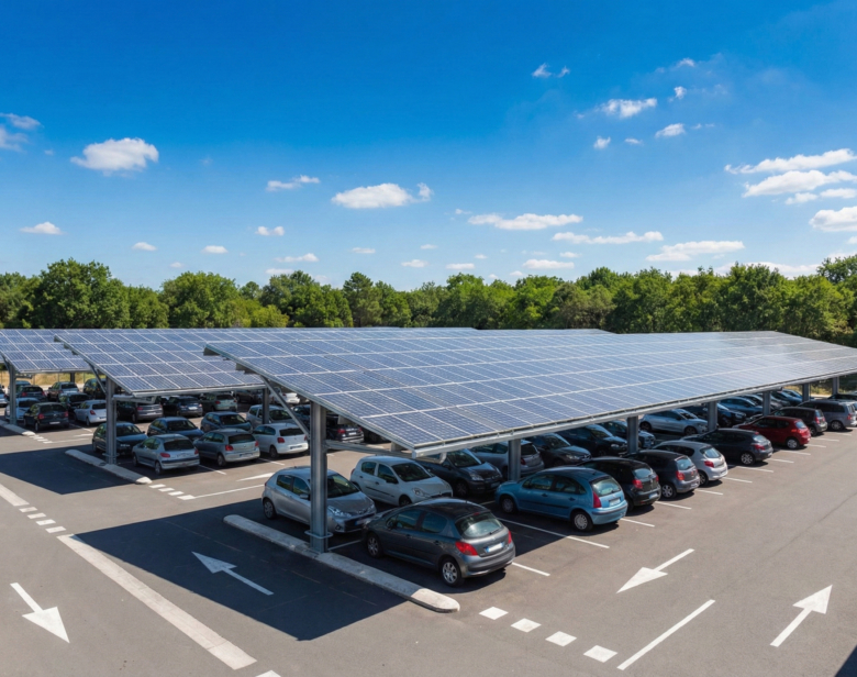 Parking couvert avec panneaux solaires abritant plusieurs voitures sous un ciel dégagé et entouré d'arbres