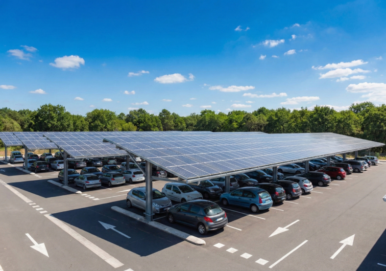 Parking couvert avec panneaux solaires abritant plusieurs voitures sous un ciel dégagé et entouré d'arbres