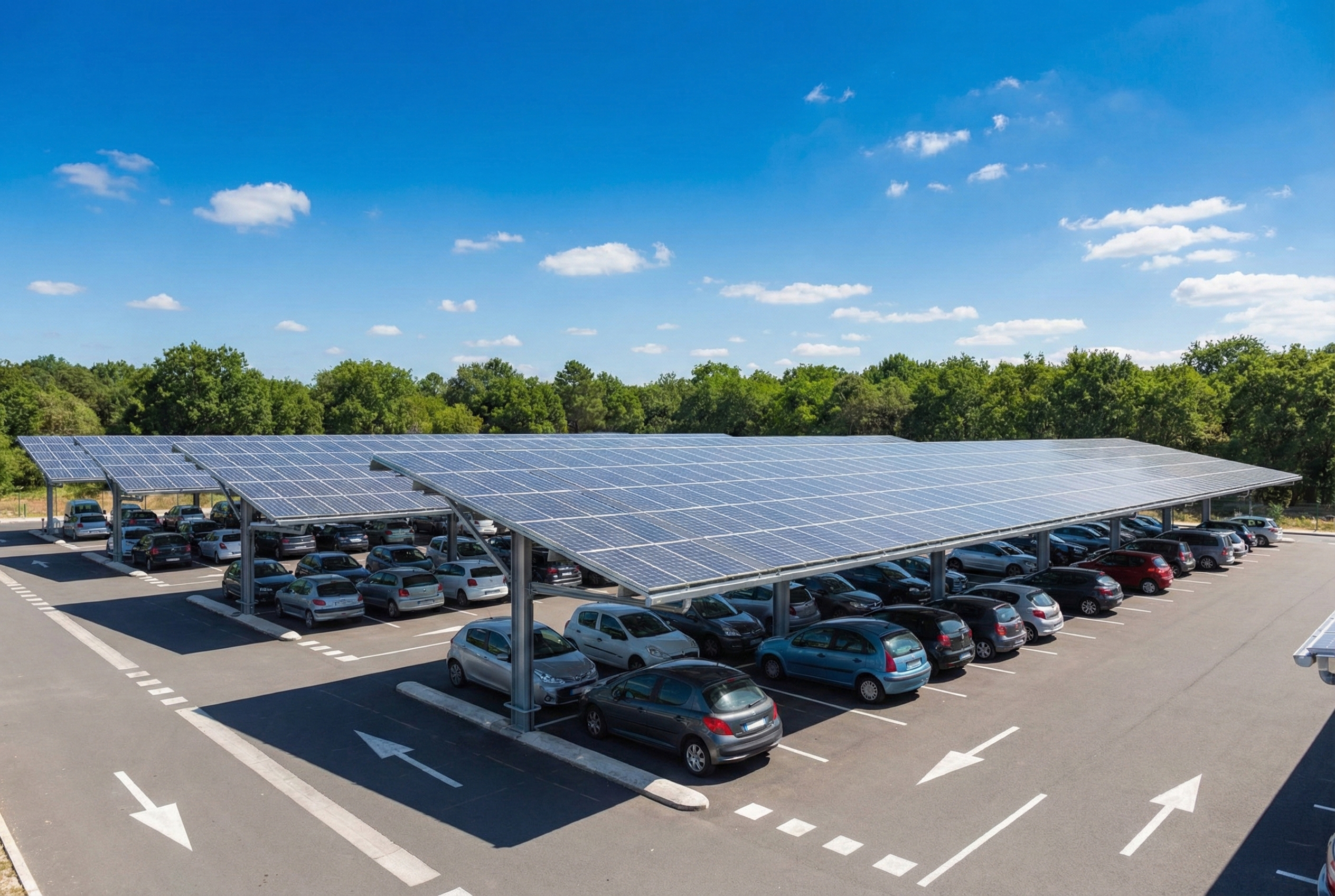 Parking couvert avec panneaux solaires abritant plusieurs voitures sous un ciel dégagé et entouré d'arbres