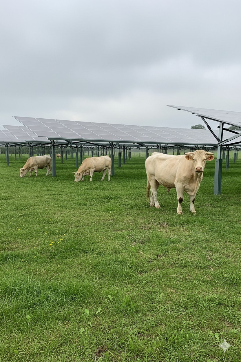 Vaches pâturant dans un champ vert sous des ombrières solaires innovantes illustrant le concept d’agrivoltaïsme où éne