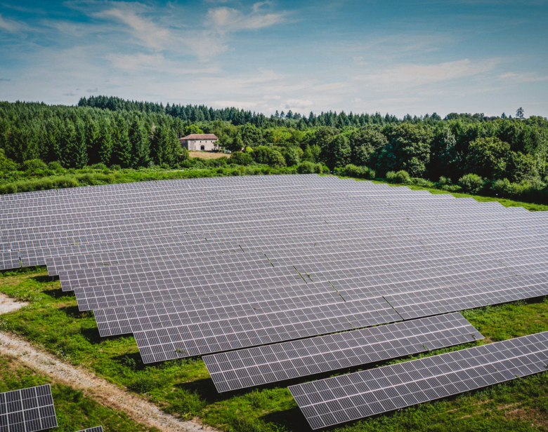 Parc solaire photovoltaïque en pleine nature avec champs verts et forêt en arrière-plan illustrant une installation d’é