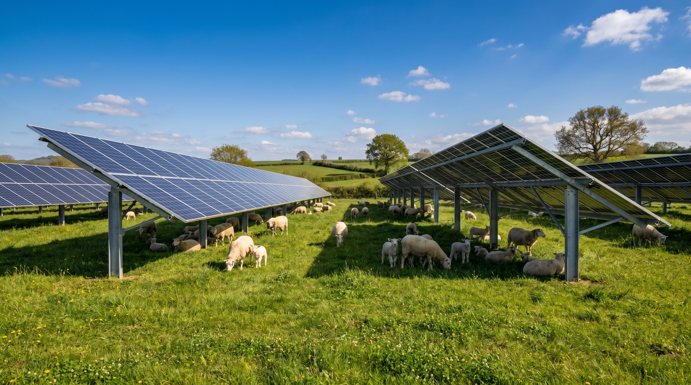 Parc solaire innovant combiné à un pâturage où des moutons paissent sous des structures d’agrivoltaïsme permettant une