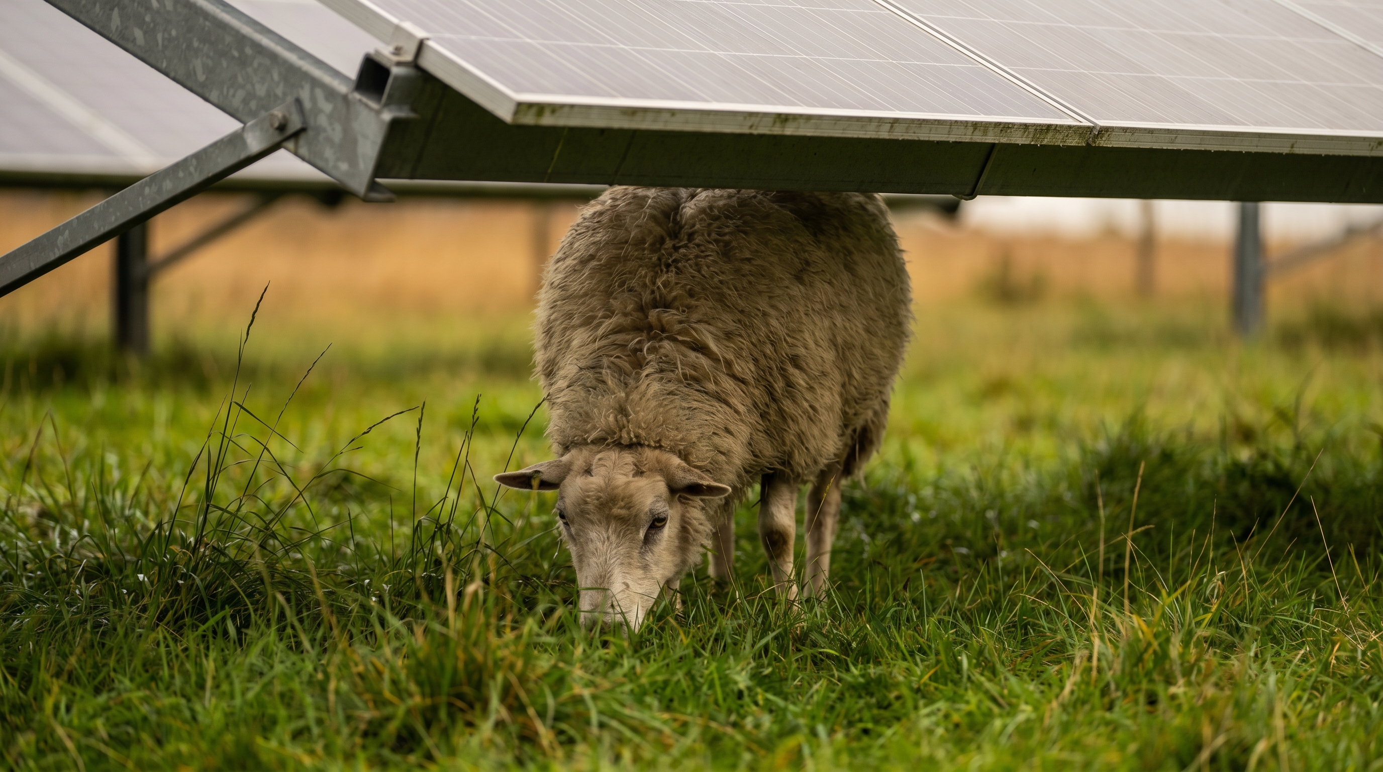 Mouton paissant sous une ombrière solaire en plein champ vert, illustration de l’agrivoltaïsme combinant élevage et éne