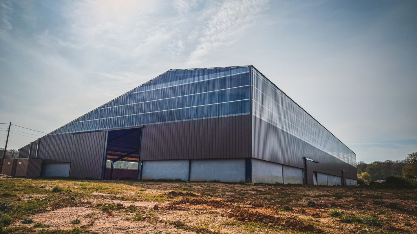 Serre agricole moderne avec structure métallique et toit en polycarbonate éclairée par le soleil couchant en milieu rural