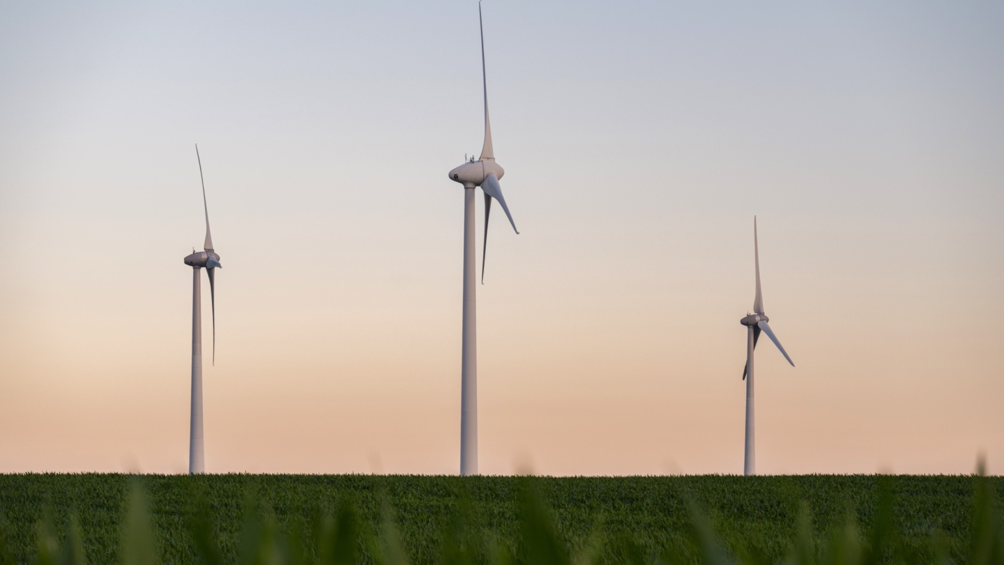 Éoliennes modernes alignées dans un champ au coucher de soleil offrant une vue paisible sur l'énergie renouvelable