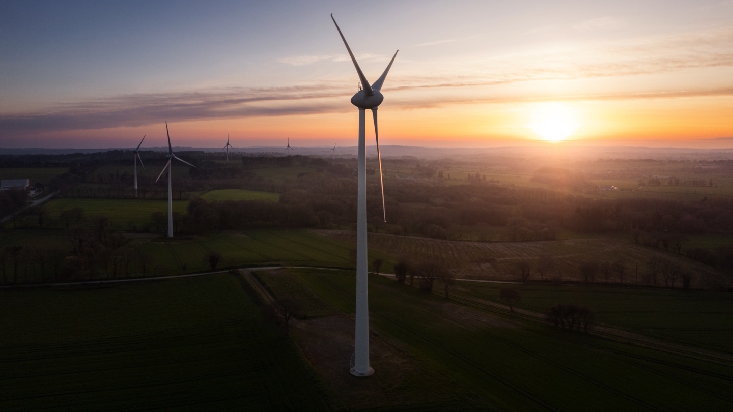 Coucher de soleil sur un paysage rural avec plusieurs éoliennes en activité illustrant une production d'énergie renouvelab
