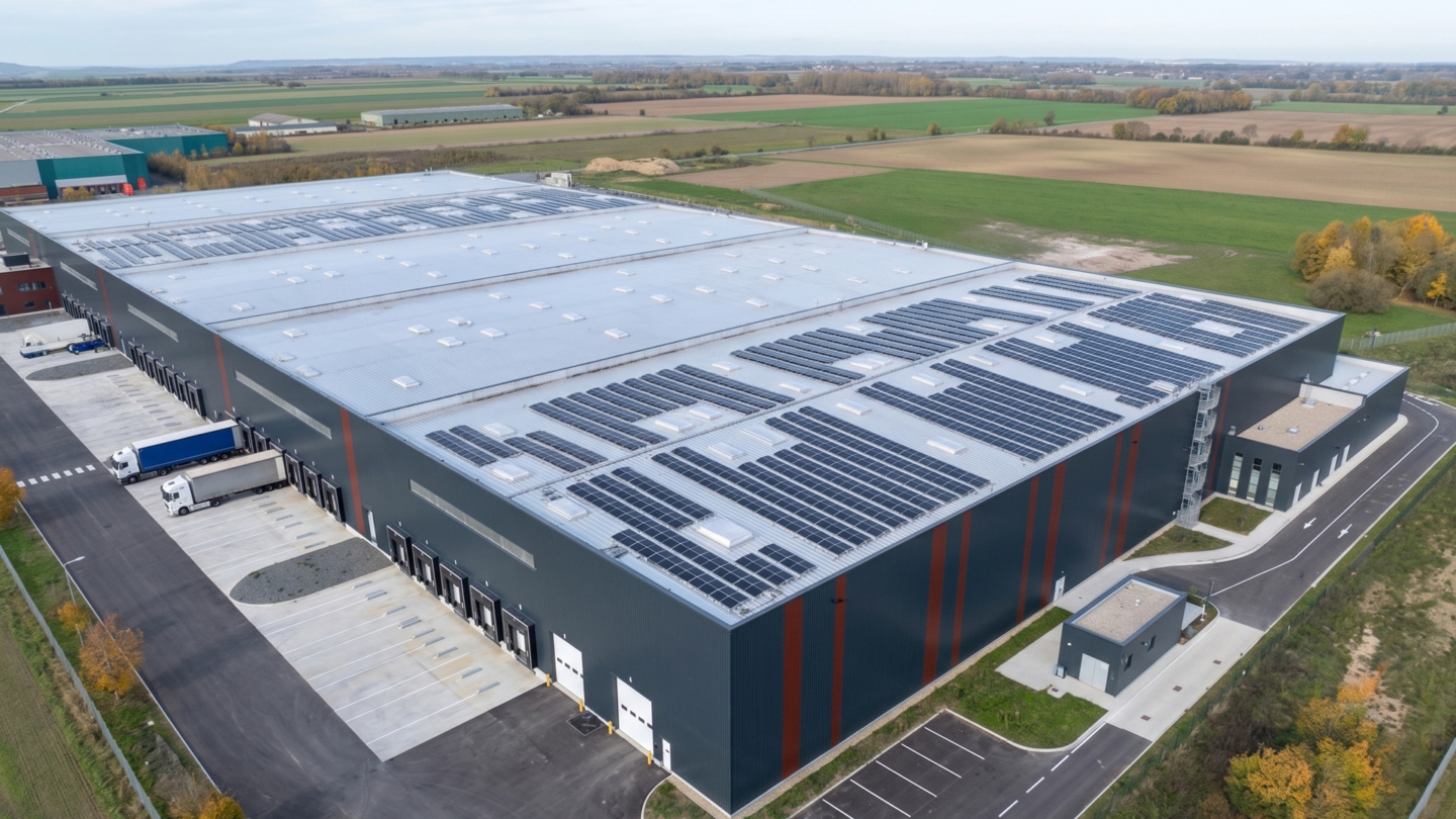 Vue aérienne d’un grand entrepôt industriel équipé de panneaux photovoltaïques sur sa toiture toiture photovoltaïque