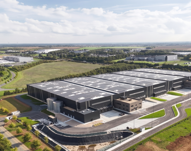 Vue aérienne d’un vaste complexe industriel moderne entouré de vastes espaces verts et agricoles en région rurale avec d