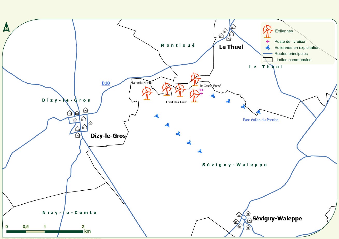 Carte détaillée des projets d’éoliennes dans les communes de Dizy-le-Gros Le Thuel et Sévigny-Waleppe illustrant les zo