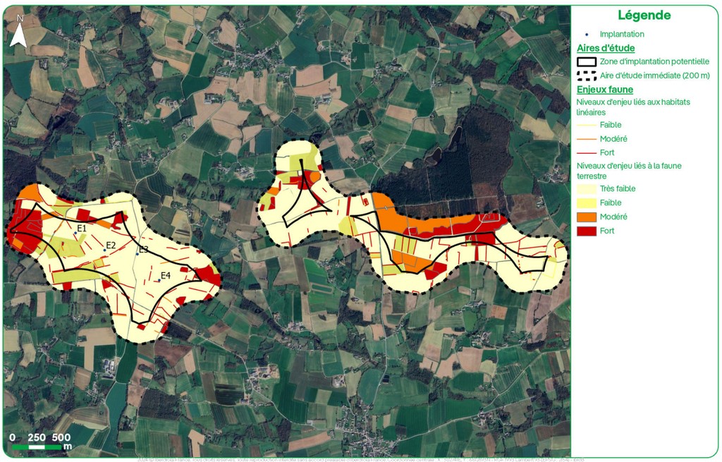 Carte détaillée illustrant les zones d’étude pour l’analyse des enjeux liés à la faune dans un territoire agricole a